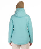 back of a woman wearing a light blue winter jacket on a white background