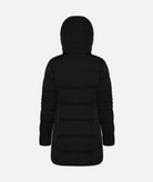 back of a long black, hooded, insulated winter coat with hood on a white background
