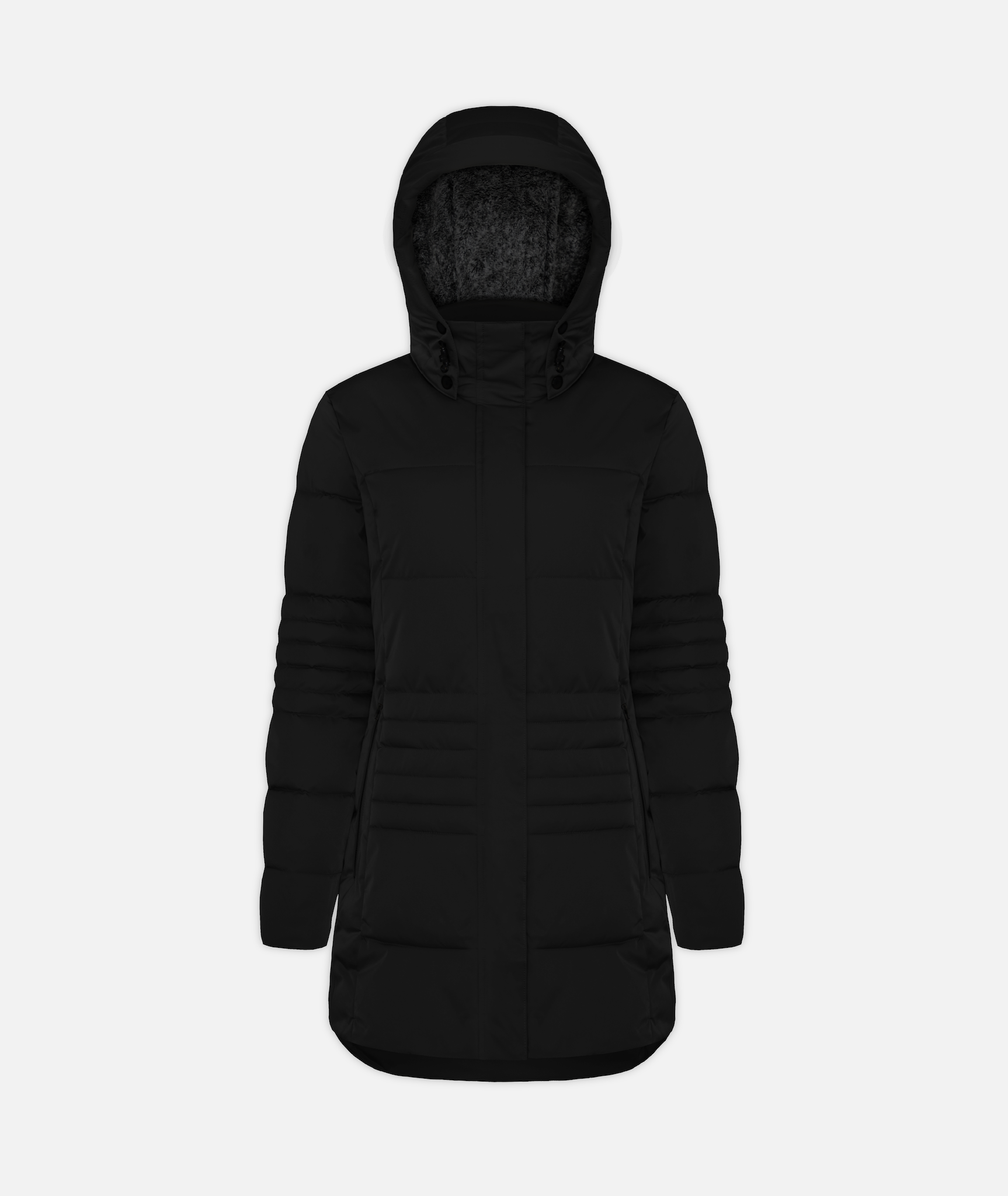 A long black, hooded, insulated winter coat with hood on a white background