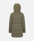 back of a long green, hooded, insulated winter coat with hood on a white background