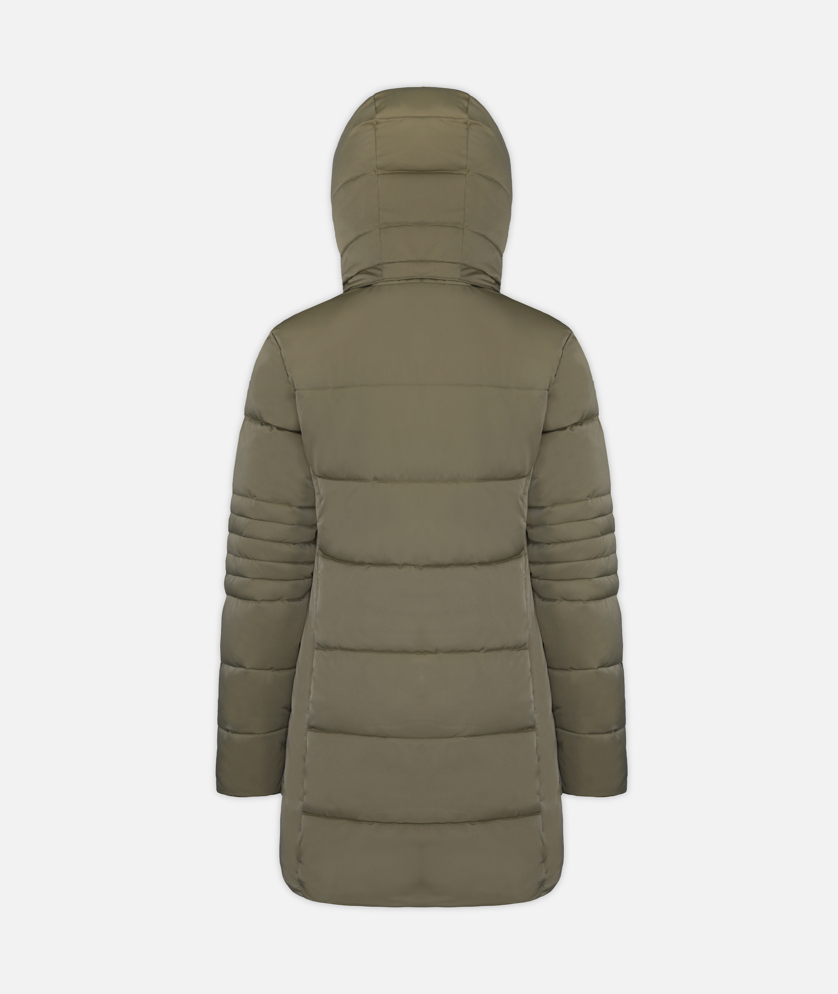back of a long green, hooded, insulated winter coat with hood on a white background