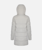 back of a long cream, hooded, insulated winter coat with hood on a white background
