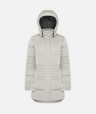 A long cream, hooded, insulated winter coat with hood on a white background