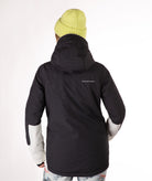 back of Person wearing a two-tone black and white jacket a white background