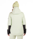 Woman wearing a two-tone light green and black checked jacket with a white background highlighting the back of the jacket and hood and sleeve details