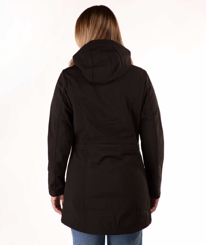 Person wearing a black hooded jacket on a white background