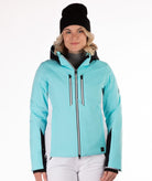Woman wearing a light blue ski jacket with black accents on a white background