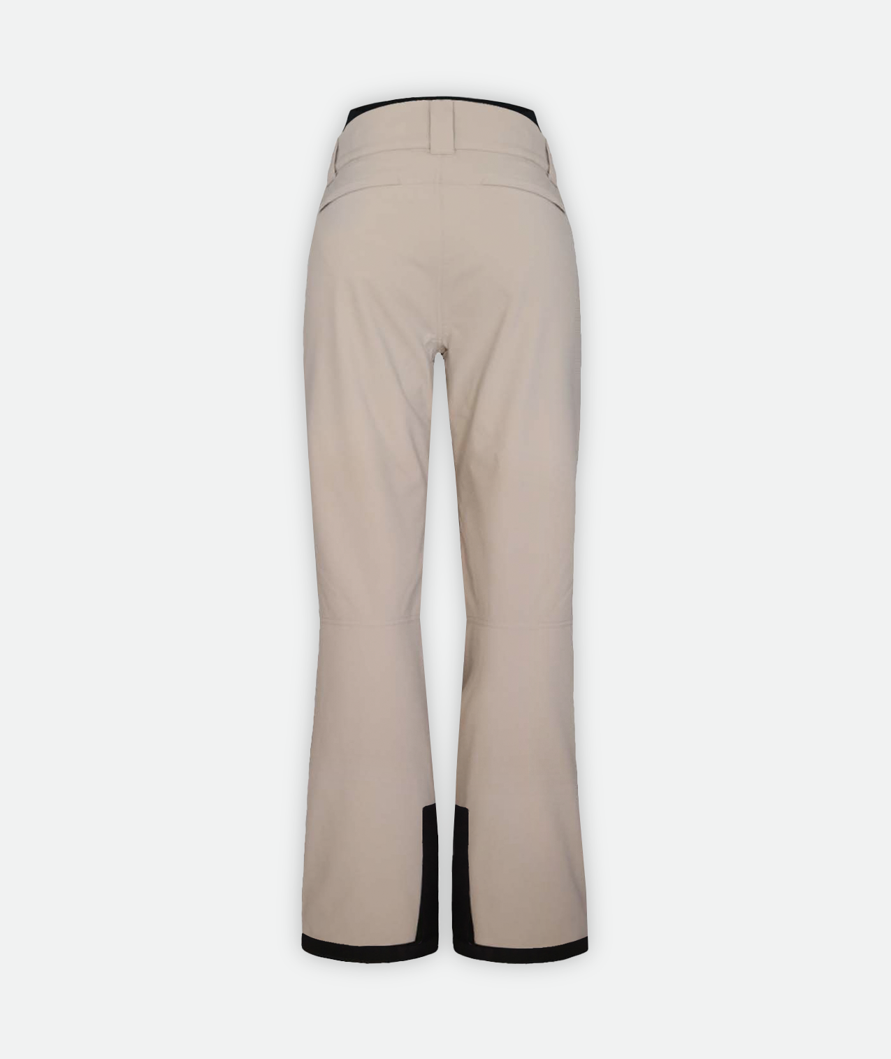 back of a pair of beige snow pants with black accents on a white background