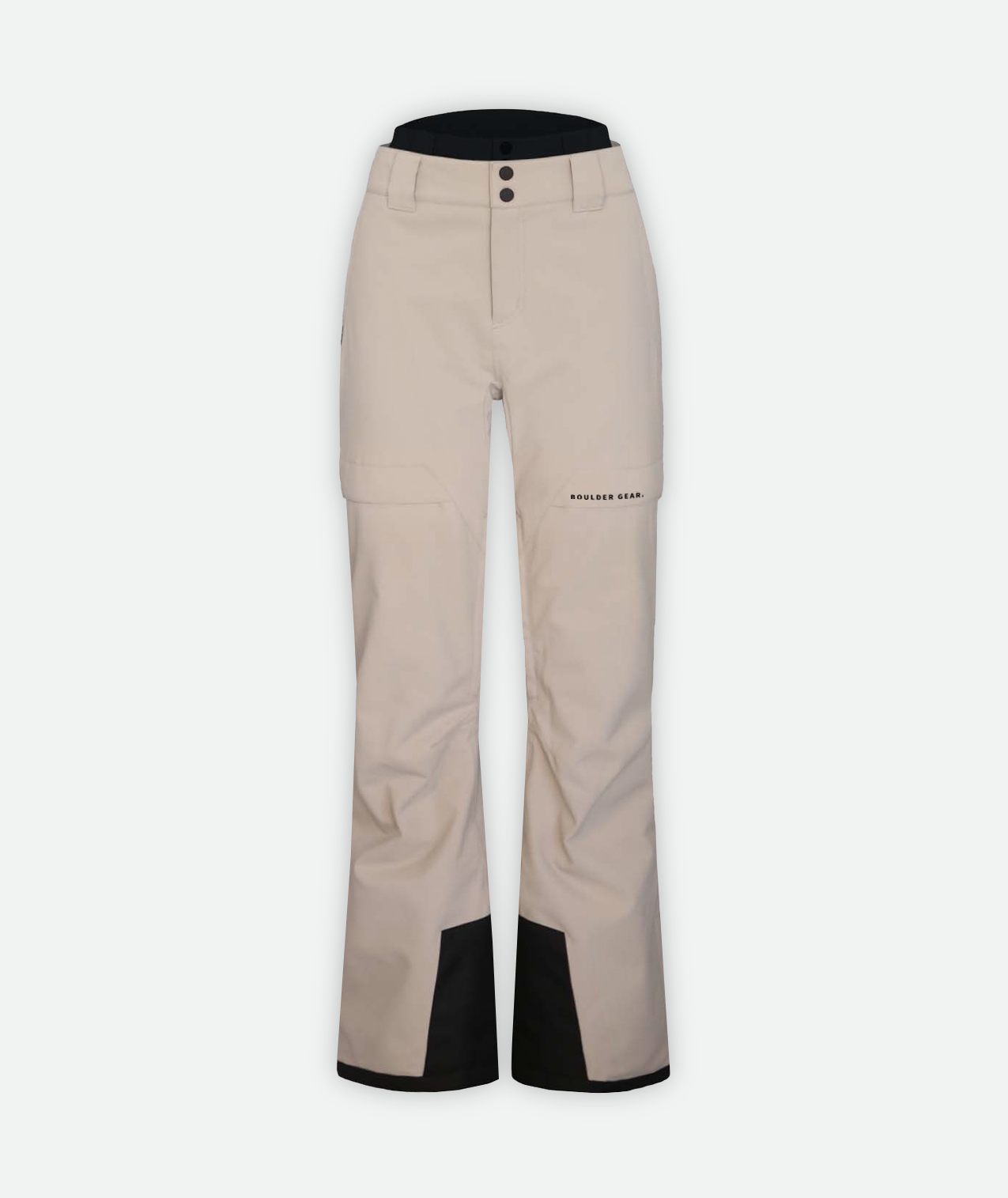 a pair of beige snow pants with black accents on a white background