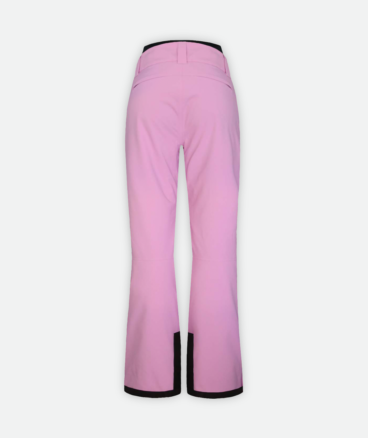 back of a pair of light pink snow pants with black accents on a white background