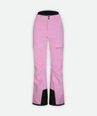 a pair of light pink snow pants with black accents on a white background