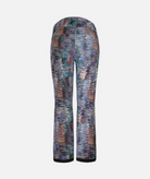 back of multi color abstract stripe patterned pants on a white background