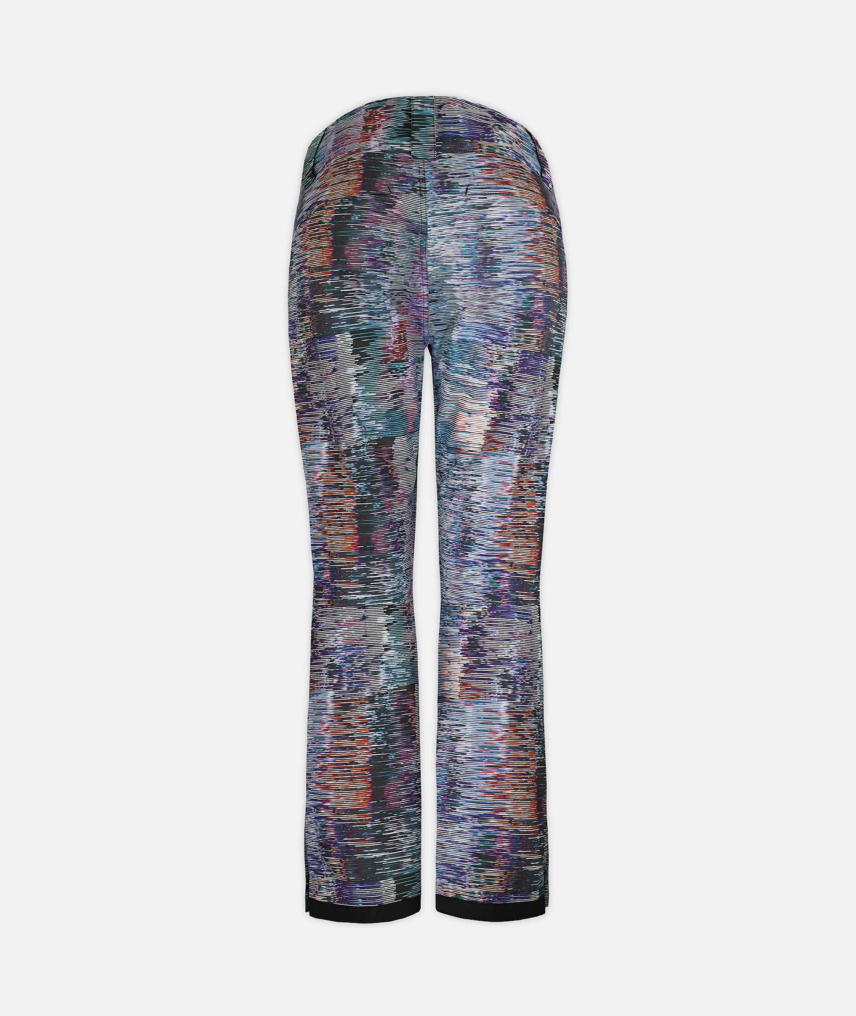 back of multi color abstract stripe patterned pants on a white background