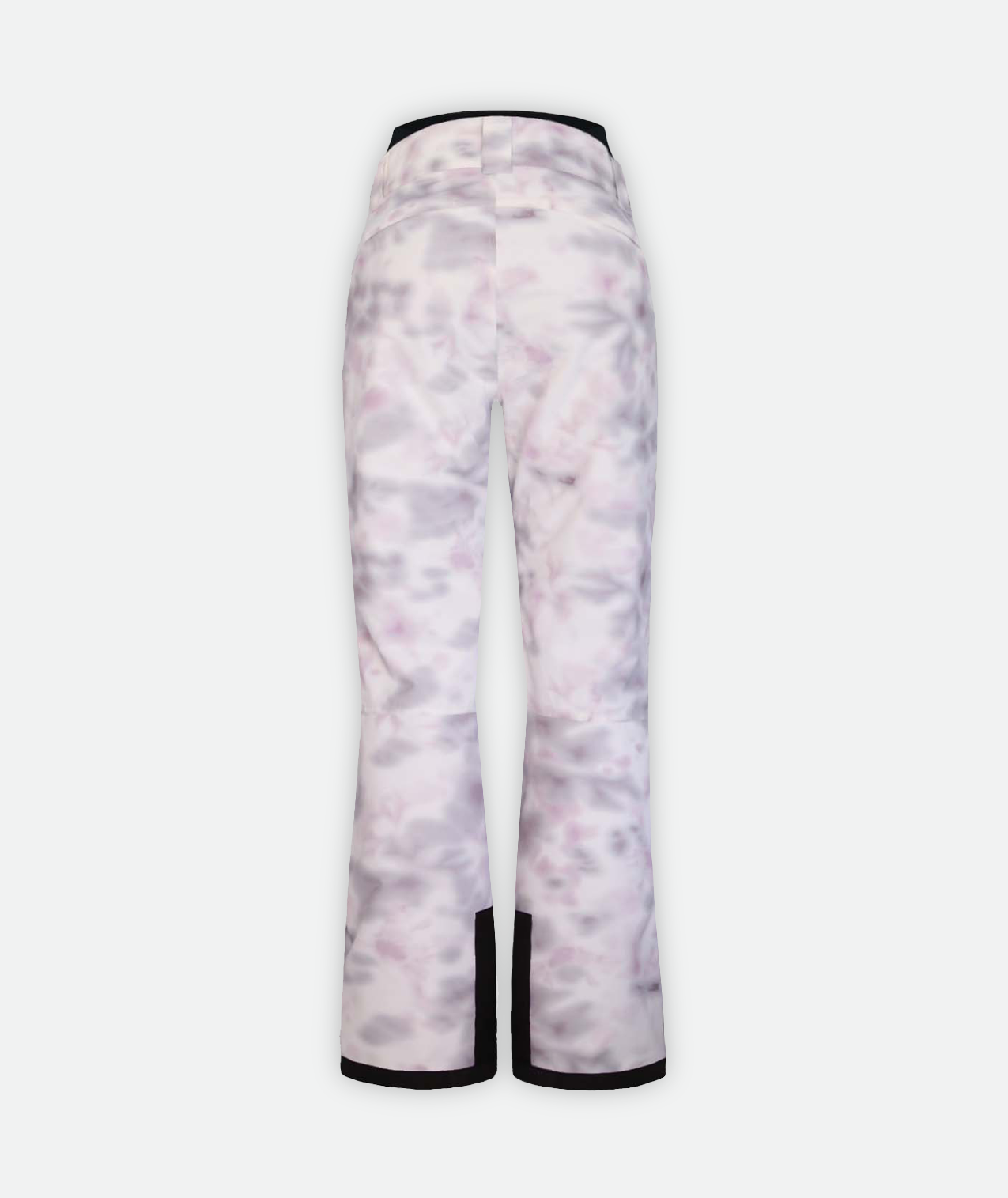back of a pair of pink and purple tie dye patterned snow pants with black accents on a white background