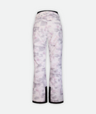 back of a pair of pink and purple tie dye patterned snow pants with black accents on a white background