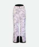 a pair of pink and purple tie dye patterned snow pants with black accents on a white background