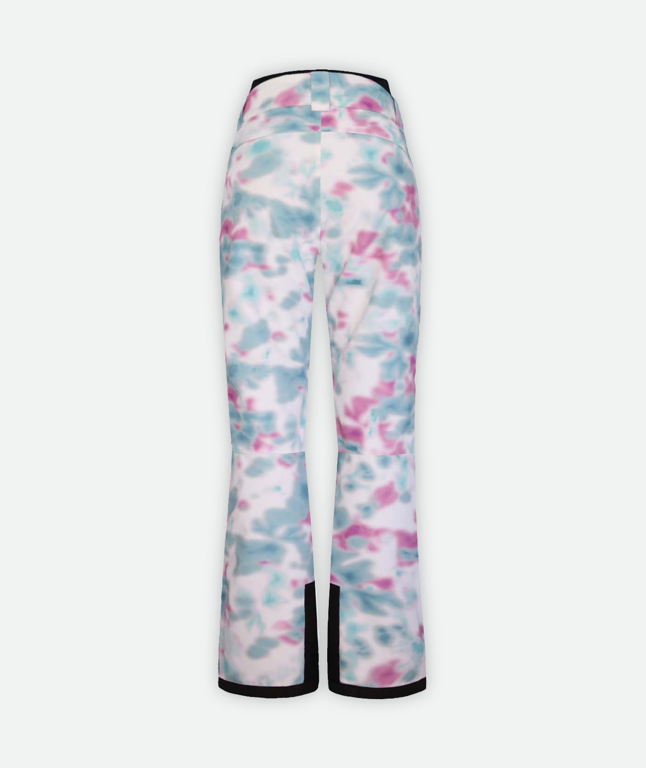 back of a pair of pink and green tie dye patterned snow pants with black accents on a white background