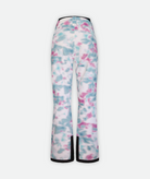 back of a pair of pink and green tie dye patterned snow pants with black accents on a white background