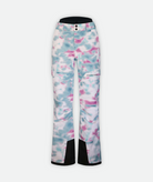 a pair of pink and green tie dye patterned snow pants with black accents on a white background