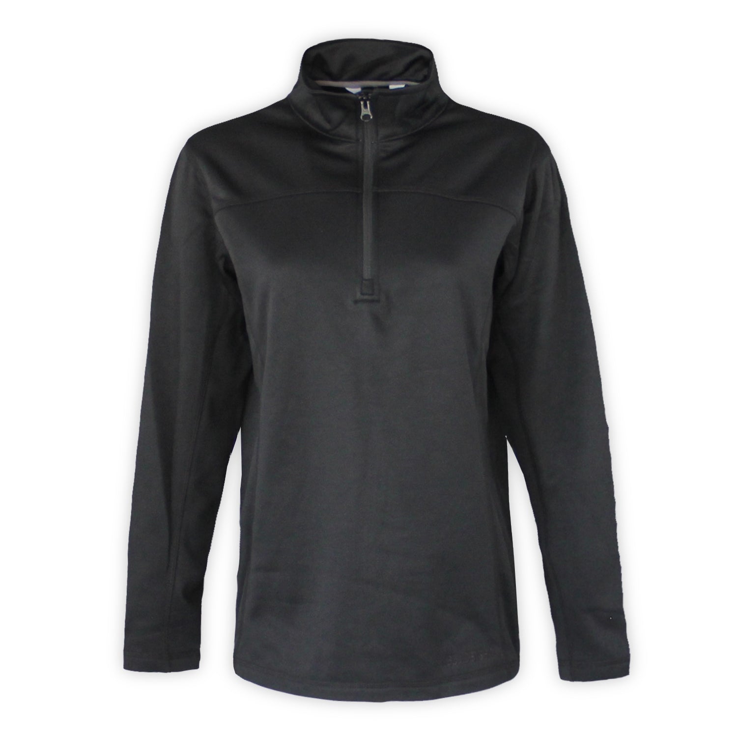 A black women's 1/4 zip top with a high neck and long sleeves on a white background