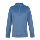 A blue women's 1/4 zip top with a high neck and long sleeves on a white background
