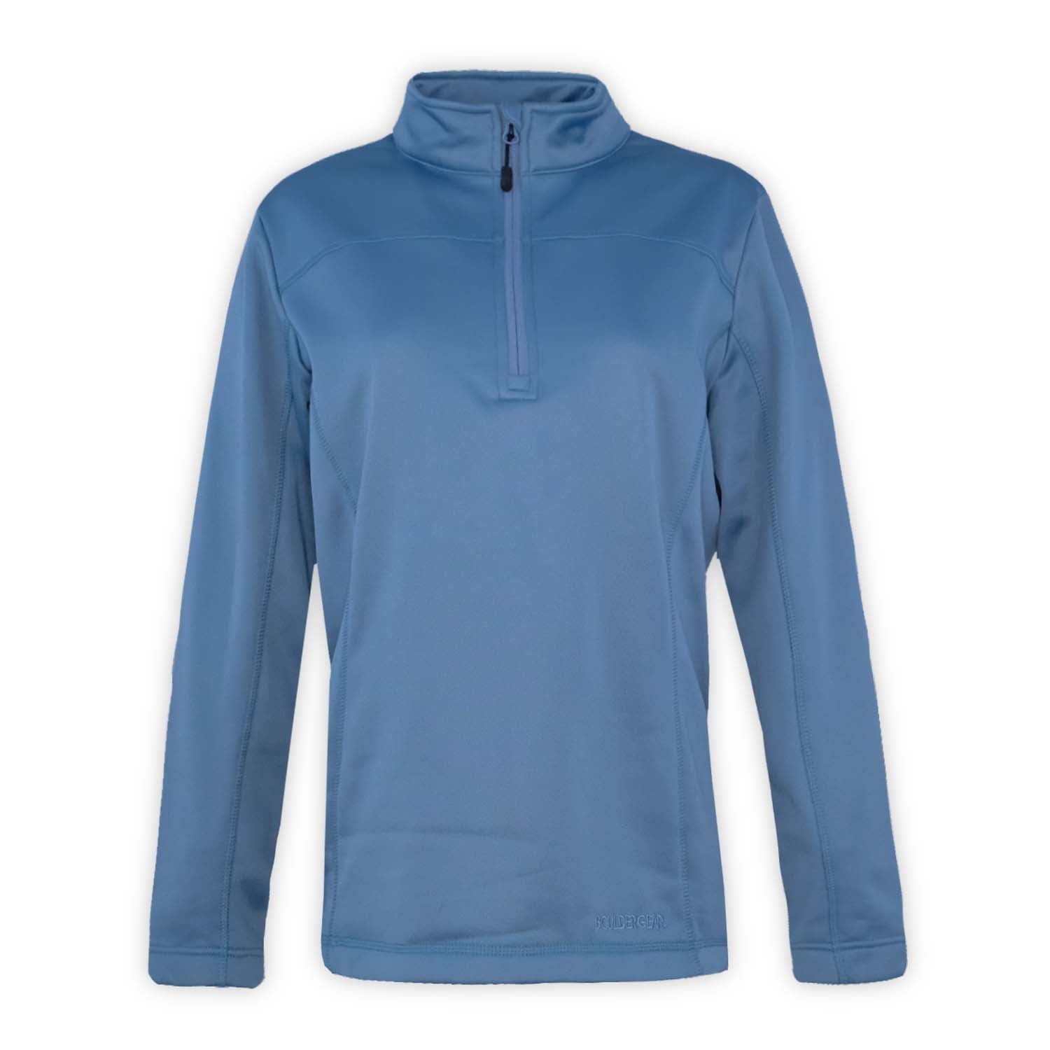 A blue women's 1/4 zip top with a high neck and long sleeves on a white background