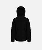 A black puffy jacket with a hood on a white background