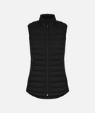 A black Puffy Vest with quilting details and black accents on a white background