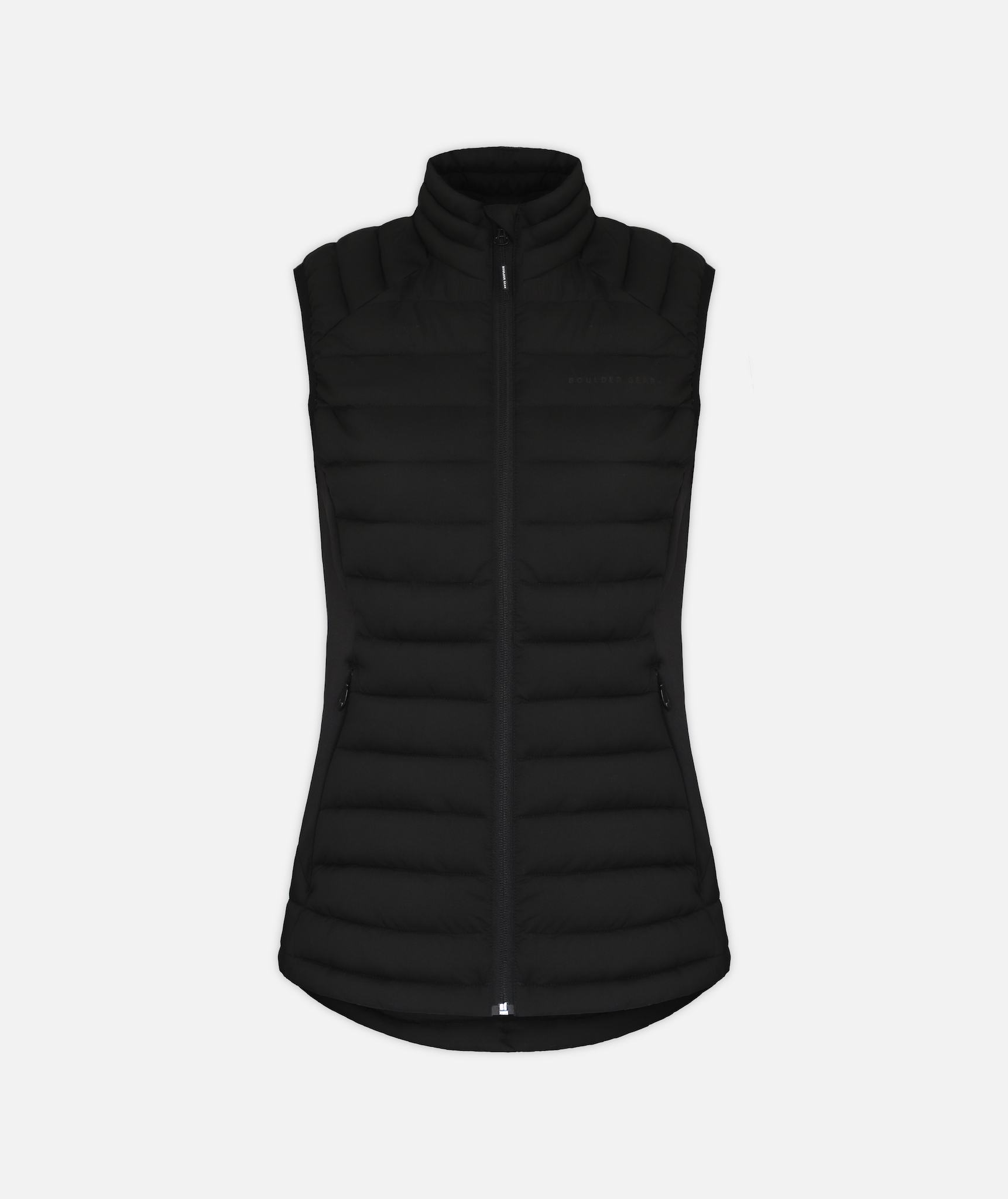 A black Puffy Vest with quilting details and black accents on a white background