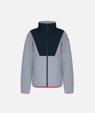 A full-zip fleece jacket with a navy and light blue color scheme and pink details on a white background