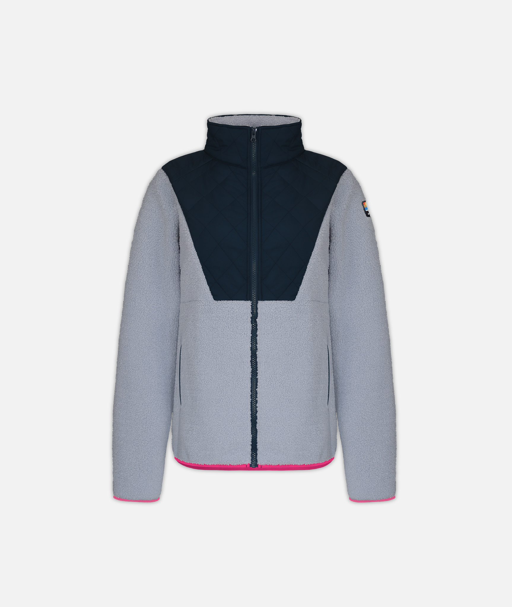 A full-zip fleece jacket with a navy and light blue color scheme and pink details on a white background