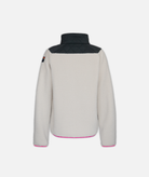 back of a full-zip fleece jacket with a beige and gray color scheme and pink details on a white background