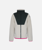 A full-zip fleece jacket with a beige and gray color scheme and pink details on a white background