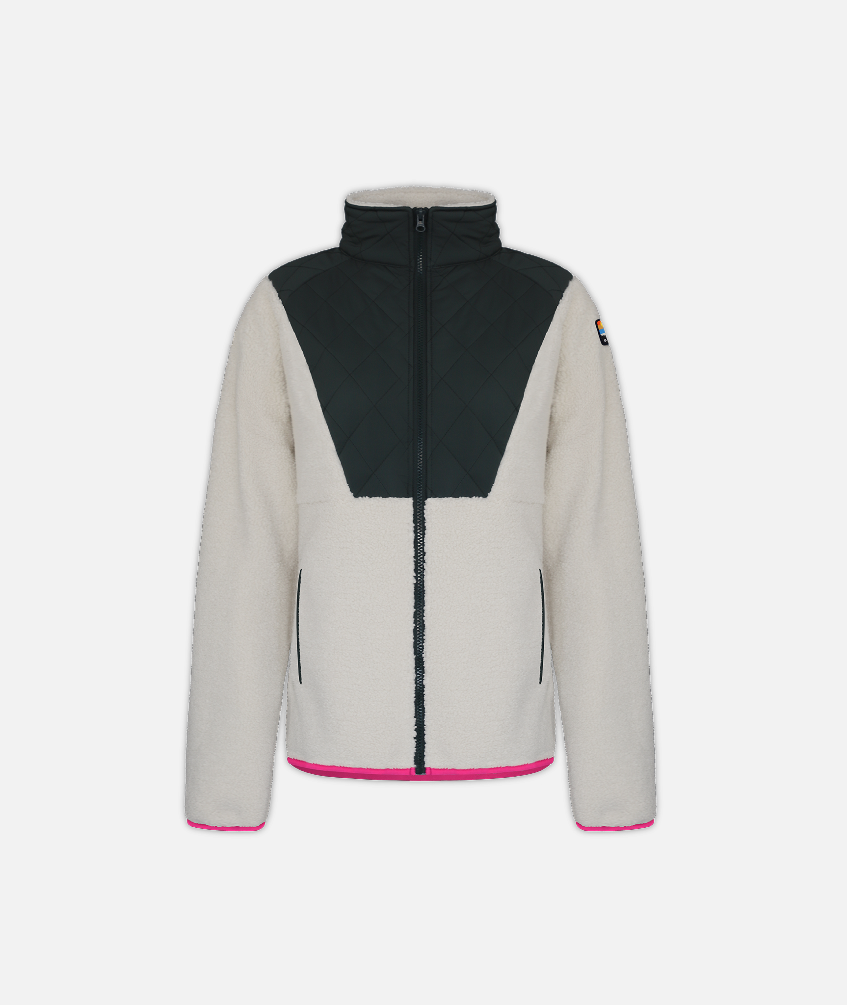 A full-zip fleece jacket with a beige and gray color scheme and pink details on a white background