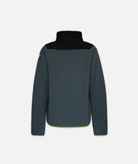 back of a full-zip fleece jacket with a black and greenish blue color scheme and lime details on a white background