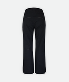 Back view of pair of black ski pants for women with adjustable waistbands and ventilation on a white background.