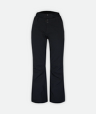 A pair of black ski pants for women with adjustable waistbands and ventilation on a white background.