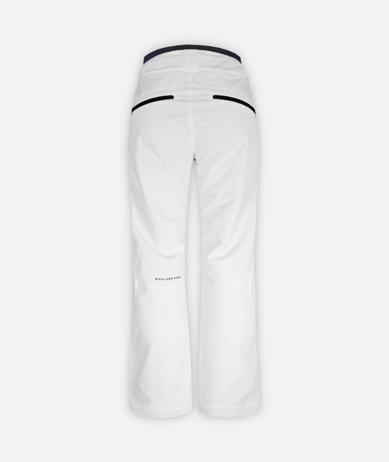 Back view of pair of white ski pants for women with adjustable waistbands and ventilation on a white background.
