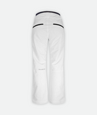 Back view of pair of white ski pants for women with adjustable waistbands and ventilation on a white background.