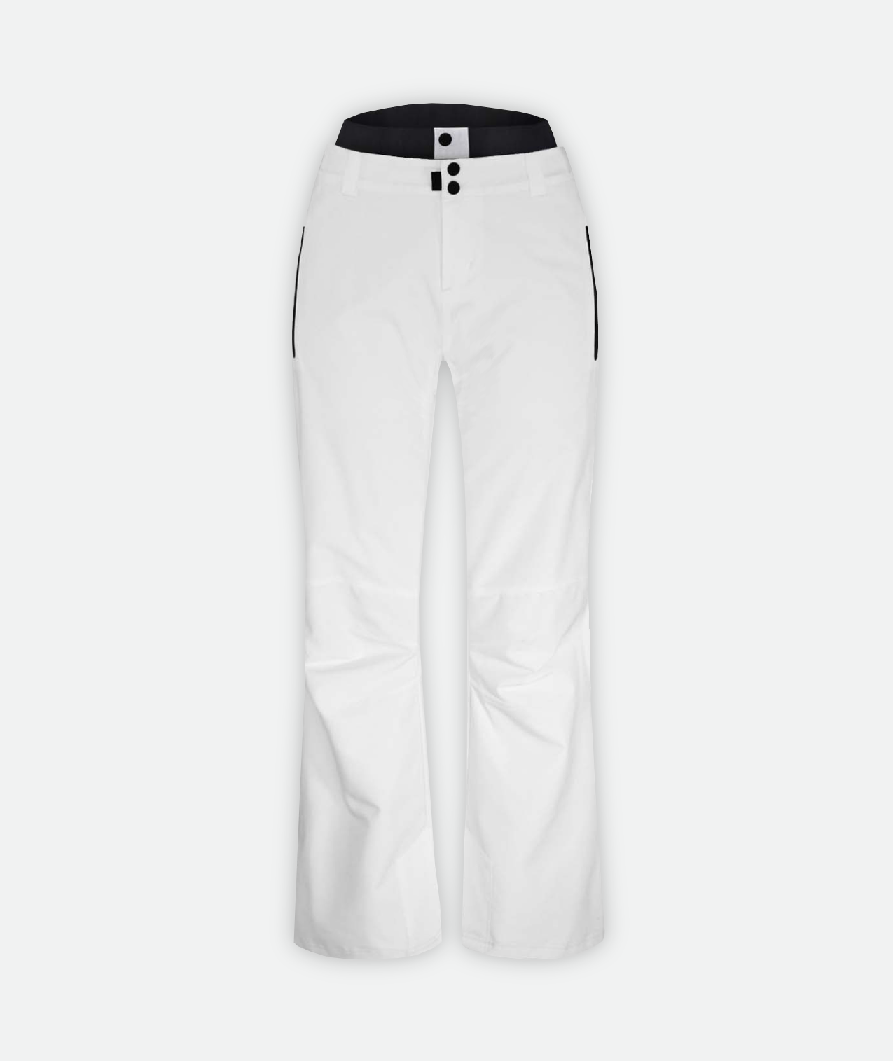 A pair of white ski pants for women with adjustable waistbands and ventilation on a white background.