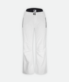 A pair of white ski pants for women with adjustable waistbands and ventilation on a white background.
