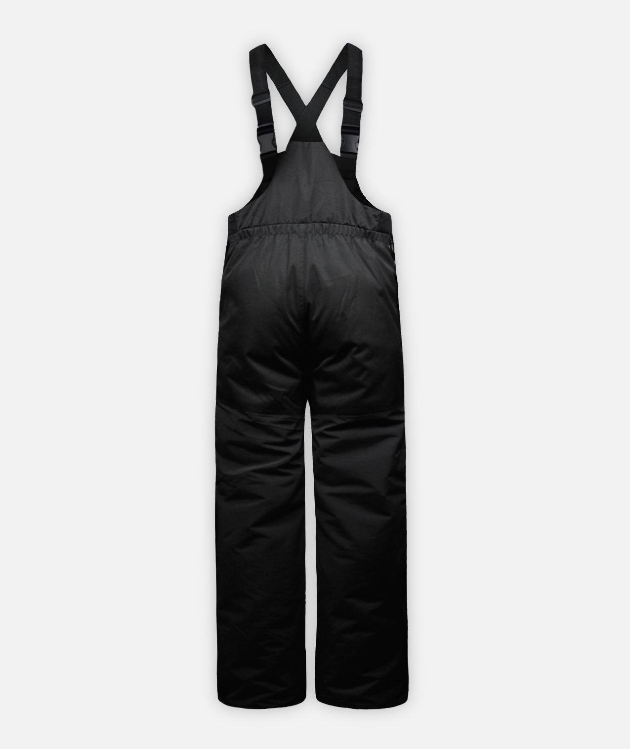 back of a pair of men's black ski bib overalls with adjustable shoulder straps, front cargo pocket on a white background.