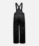 back of a pair of men's black ski bib overalls with adjustable shoulder straps, front cargo pocket on a white background.