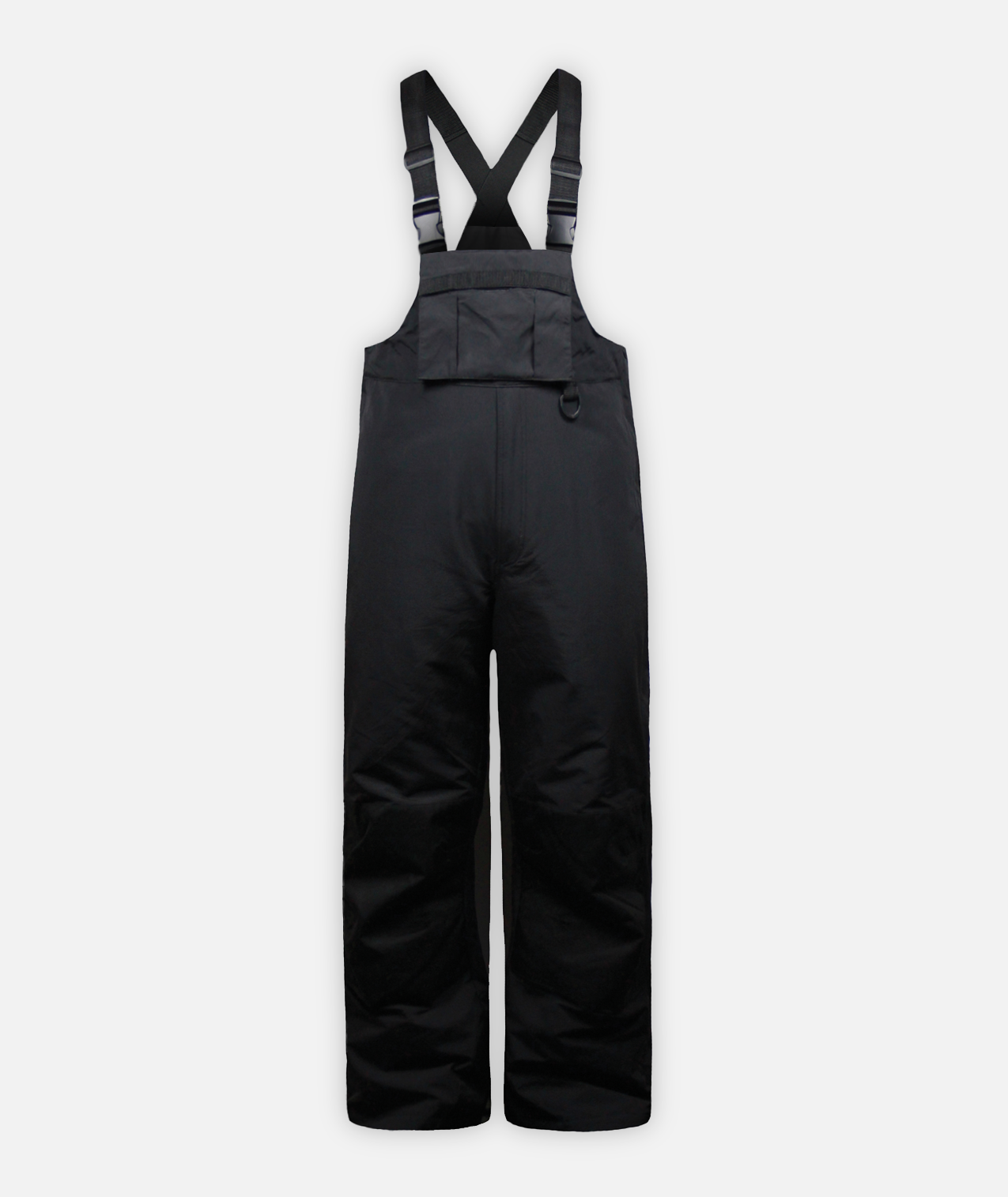 A pair of men's black ski bib overalls with adjustable shoulder straps, front cargo pocket on a white background.
