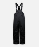 A pair of men's black ski bib overalls with adjustable shoulder straps, front cargo pocket on a white background.