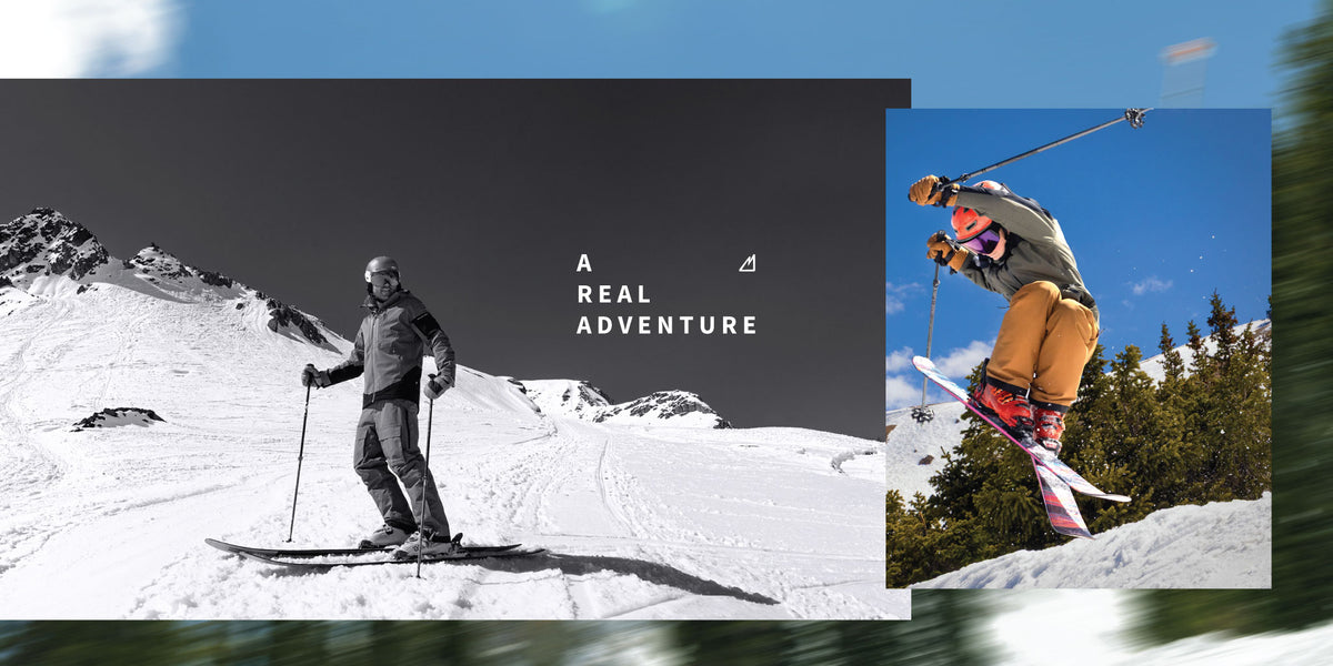 A split promotional image for ski apparel and gear. The larger left panel is black-and-white and shows a skier standing on a snowy mountain with the text 'A REAL ADVENTURE.