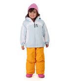 Child wearing a light blue and white jacket on a white background