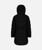 back of a black puffy jacket with a hood, on a white background