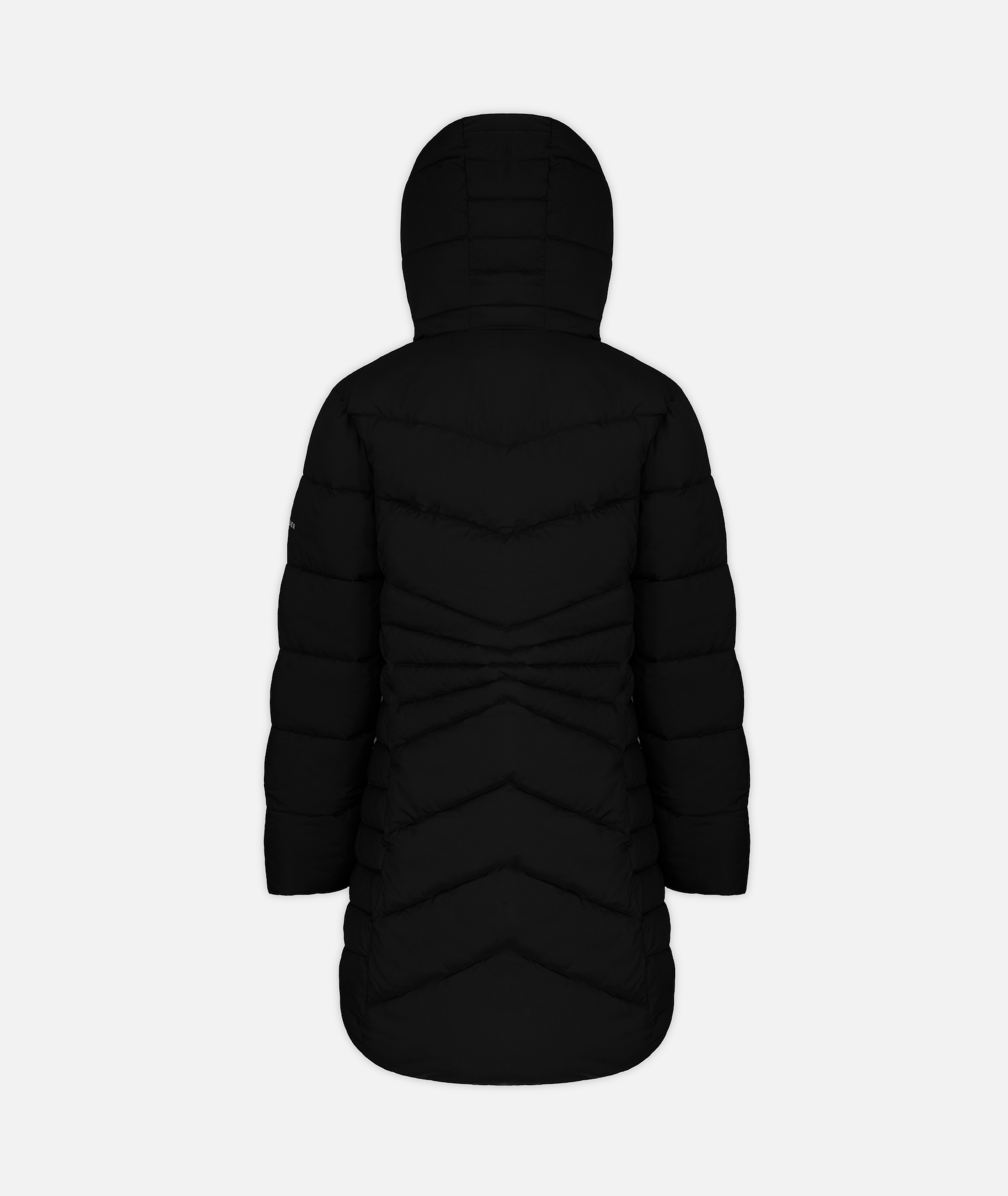 back of a black puffy jacket with a hood, on a white background