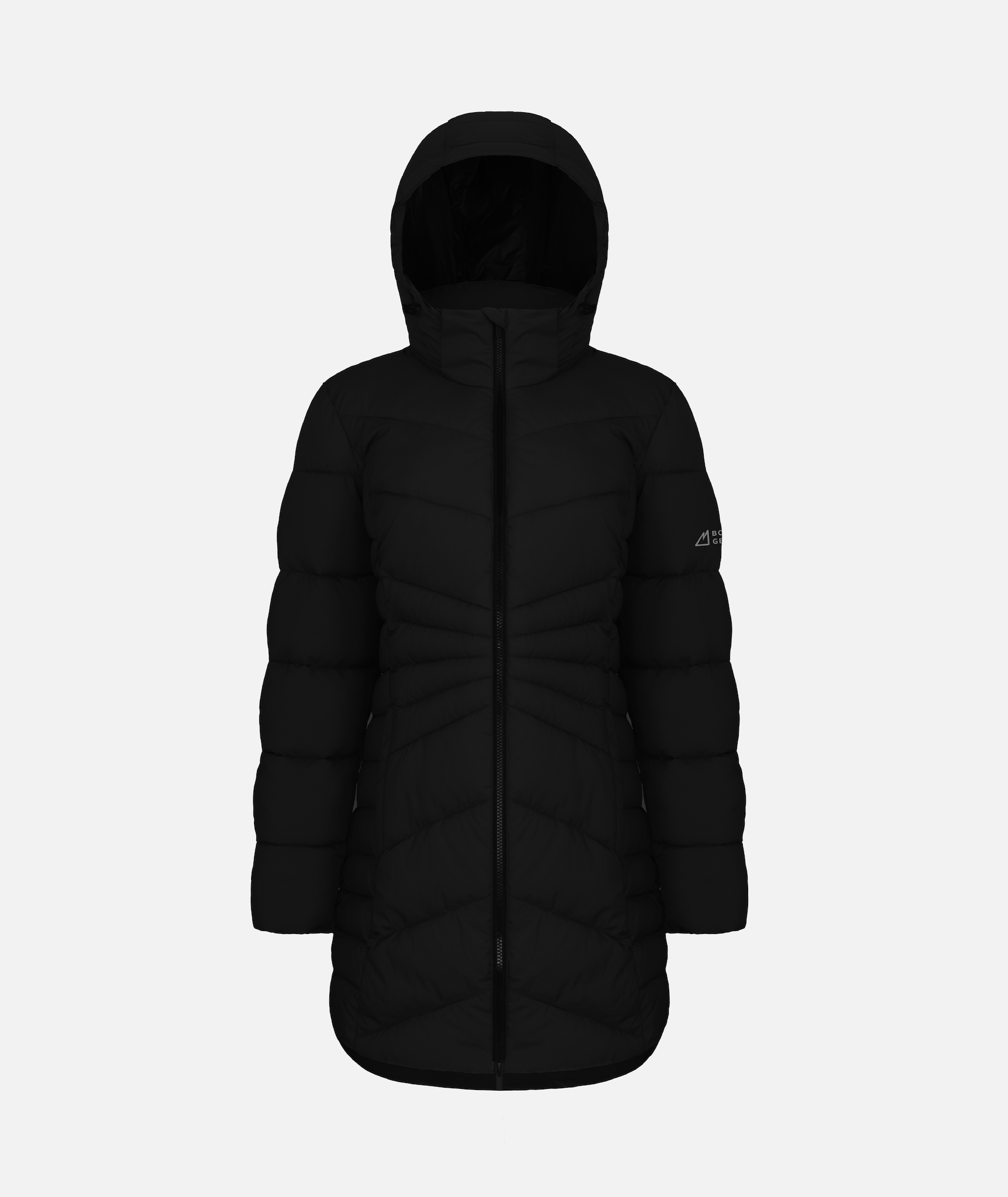A black puffy jacket with a hood, on a white background